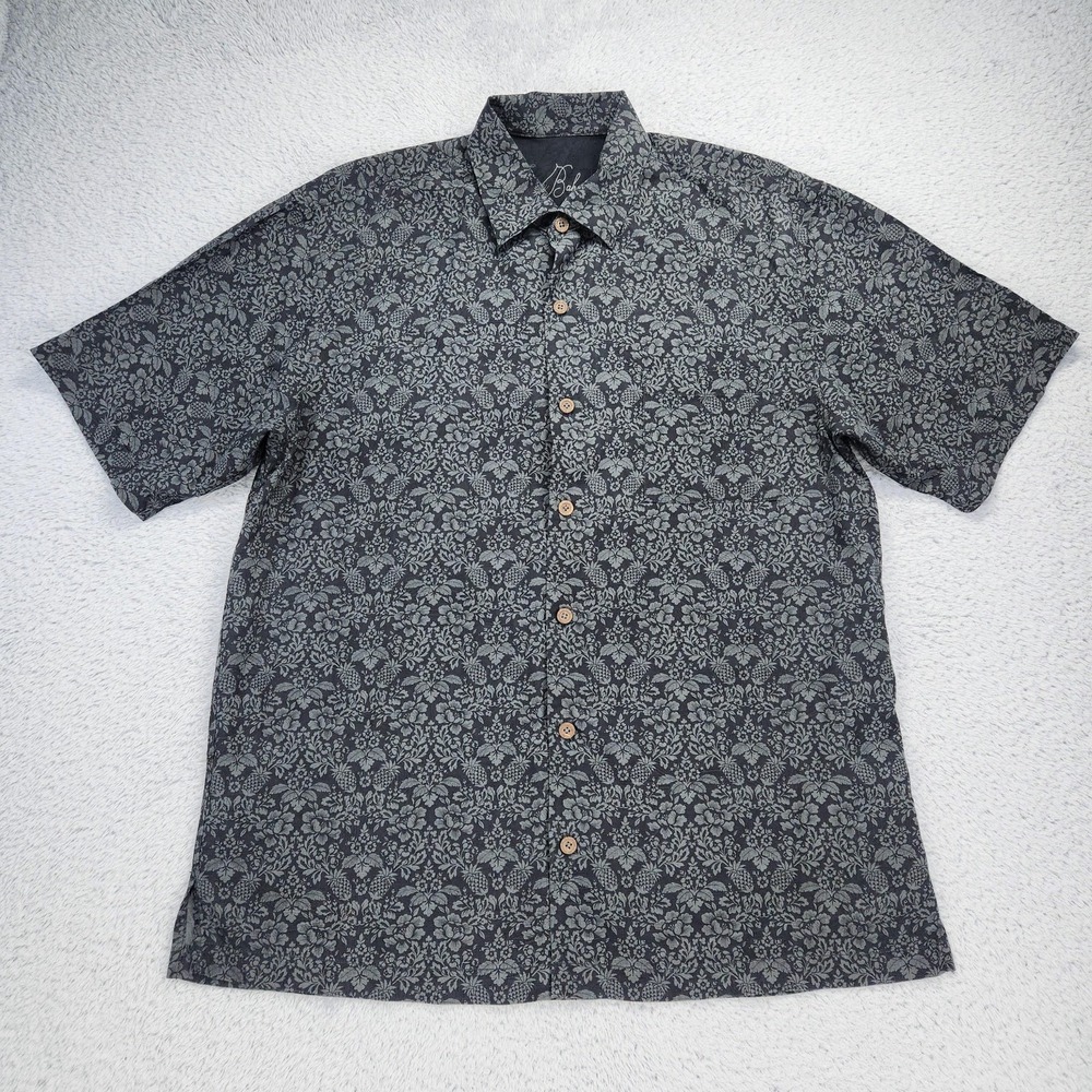Tommy Bahama Silk Shirt Mens Large Black Gray Floral Hawaiian S/S Button Up